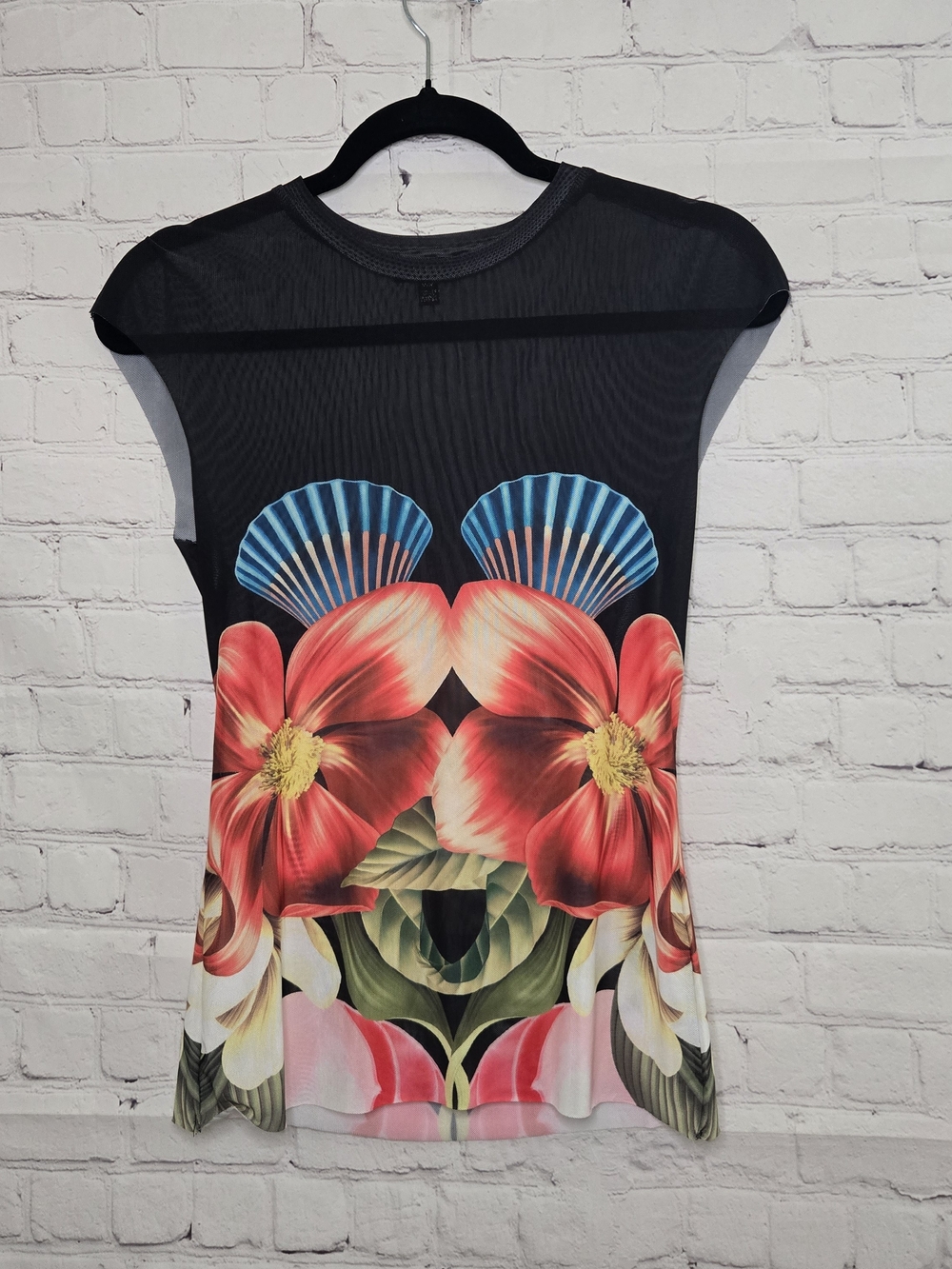 Floral Print Mesh Cap-Sleeve Top - Black with Red Floral
